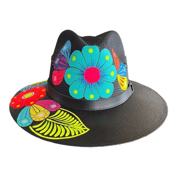 HAT MEXICAN Artisanal Hand Painted Fedora Floral Sombrero Panama Bohemian Black main image 7